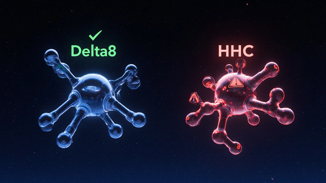 Dva molekulární struktury: delta-8 s bezpečným označením a HHC s varovnými symboly.