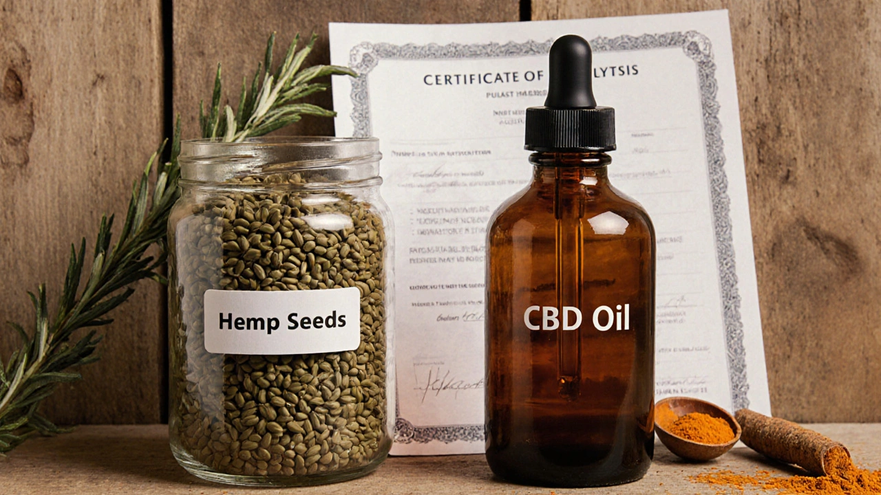 Dvě skleněné nádoby s konopnými semínky a CBD olejem vedle certifikátu analýzy