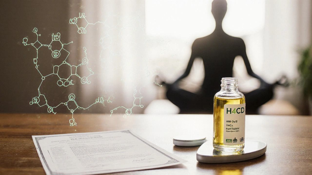 Nádoba s H4CBD olejem vedle certifikátu čistoty a nízkého obsahu THC na dřevěném stole.