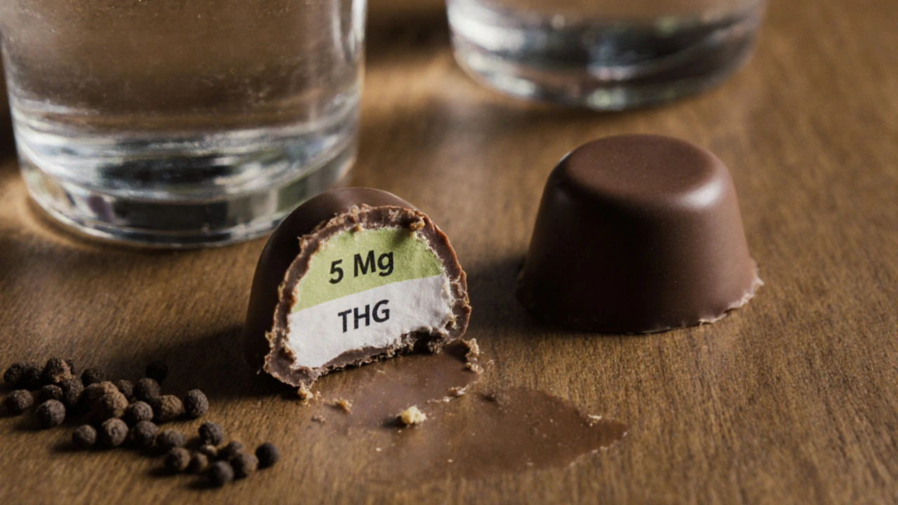 Polovina bonbónu s 5 mg THC a černý pepř na dřevěné desce vedle sklenice vody.