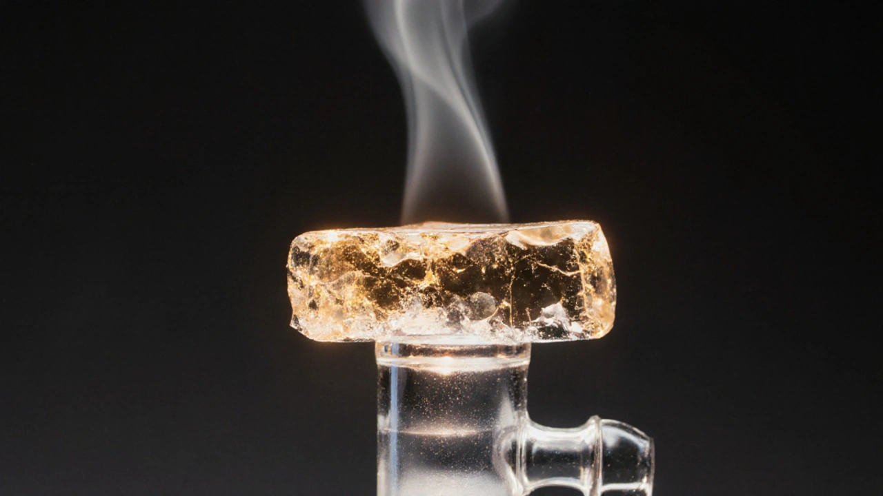 Průhledný CBD shatter na skleněné ploše s jemnou parou