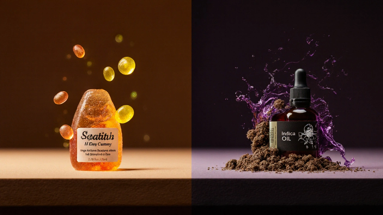 Rozdělený regál s HHC produkty: citrusové a dřevité terpeny symbolizují rozdílné účinky.