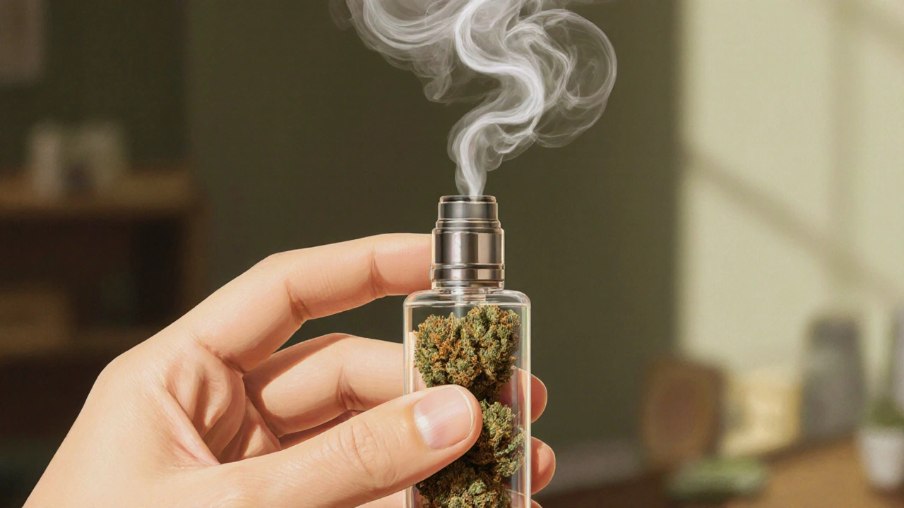 Ruka drží vaporizér, ze kterého se vynořuje jemná mlha z květů konopí.
