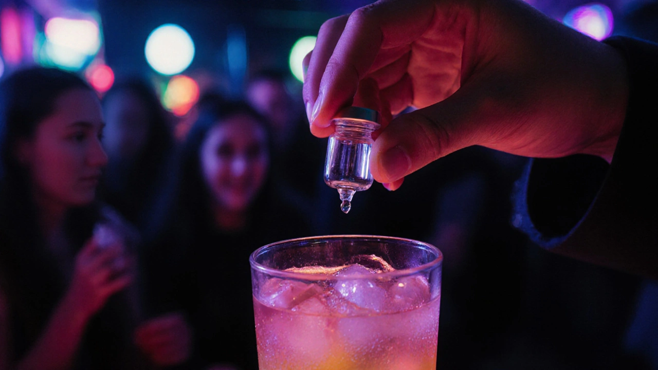 Ruka nalévá kapku Everclearu do koktejlu v neonsvětleném baru