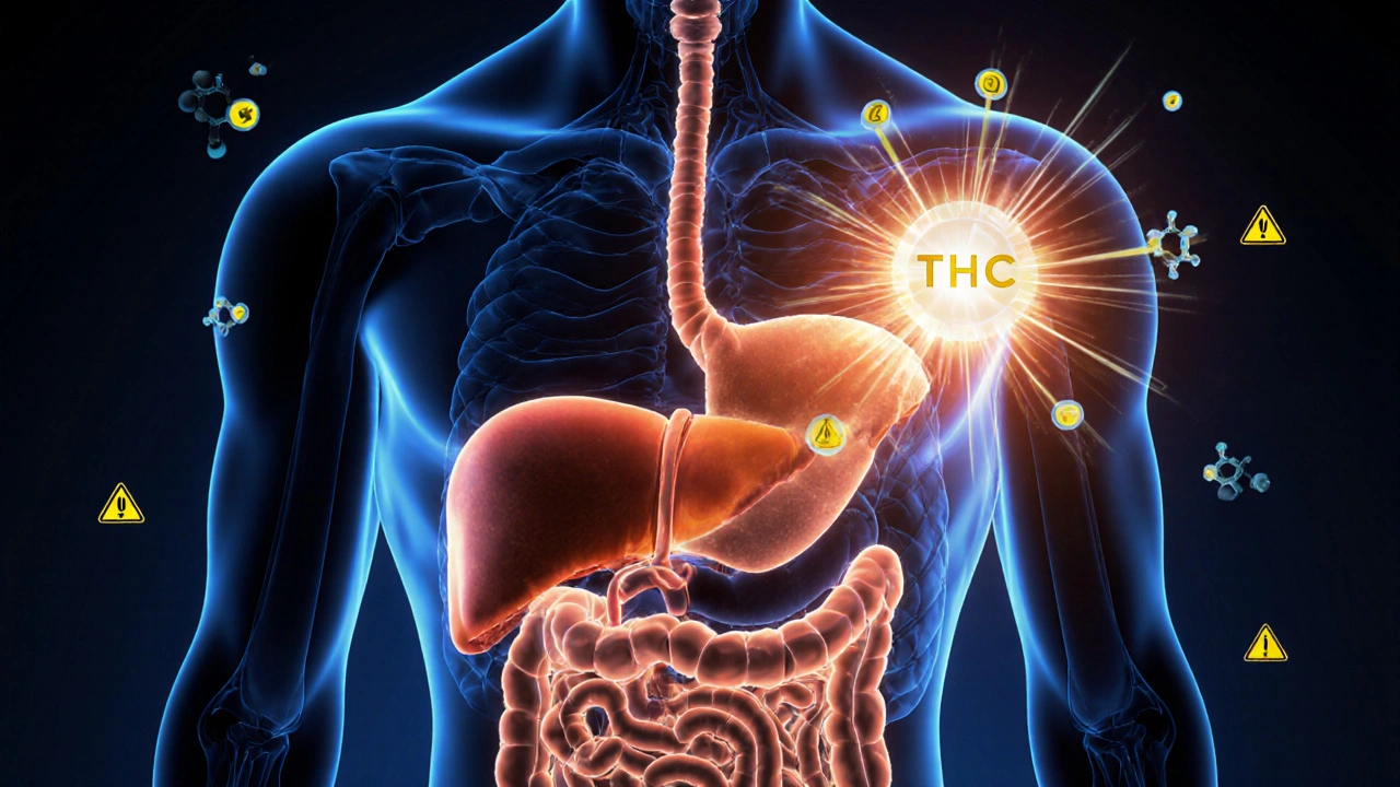 Schematic illustration of THC transforming into 11-hydroxy-THC in the liver before reaching the brain.
