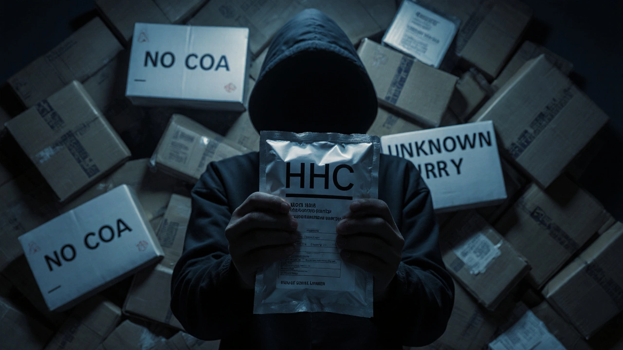 Stínová postava drží neoznačenou látku HHC mezi balíky s varovnými nápisy.
