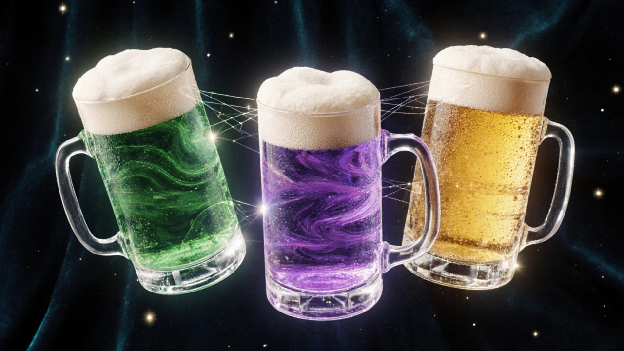 Tři průhledné piva ve vzduchu symbolizují CBD, THC a klasické pivo, propojená světelnými vlákny.