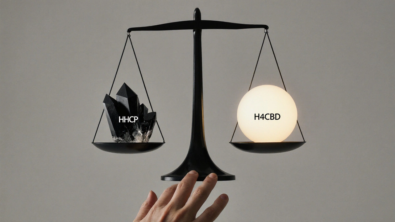 Váha s černým krystalem HHCP a klidnou koulí H4CBD nad rukou, symbolizující volbu mezi silou a klidem.
