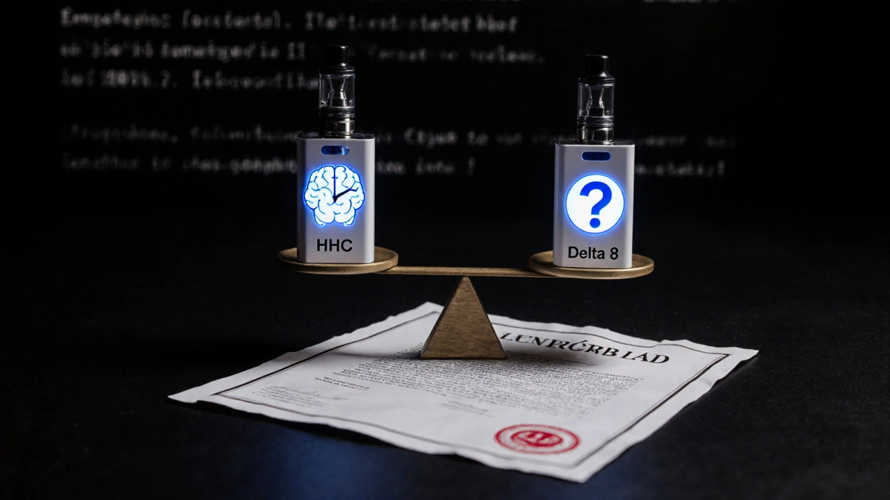 Váha s HHC a Delta 8, symbolizující jejich různé účinky, nad právním dokumentem.