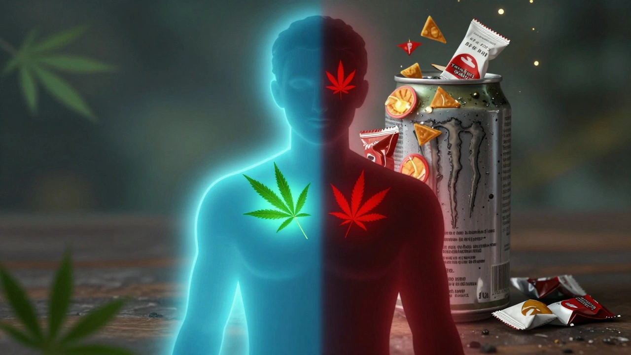 Rozdělený člověk: jedna strana s CBD a klidem, druhá s THC a svačinami, symbolizující pravdu a fikci.