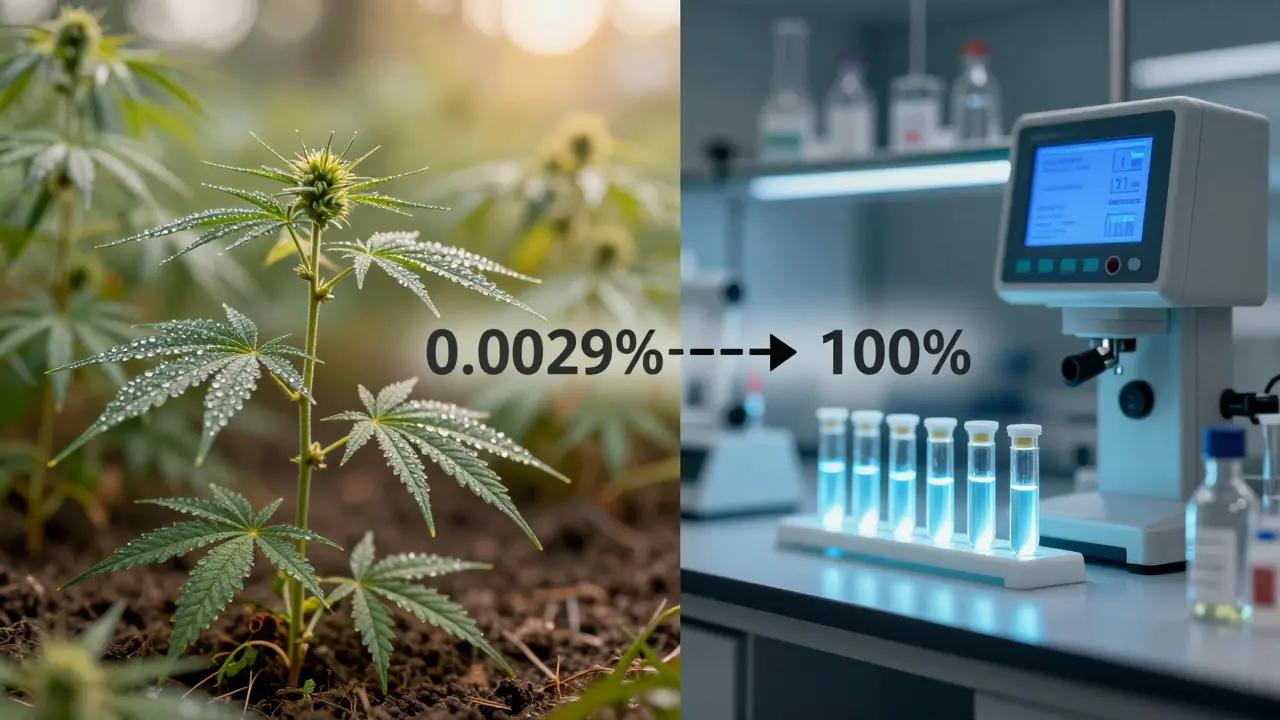 Rozdělený obrázek: přírodní konopí a laboratoř spojené šipkou označující syntetické zvýšení THCP.