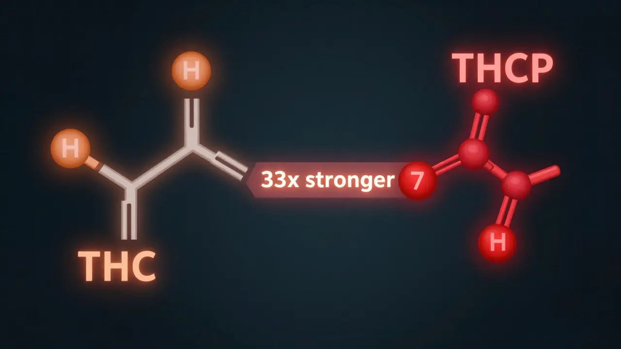 Srovnání molekul THC a THCP s označením 33krát silnější vazba.