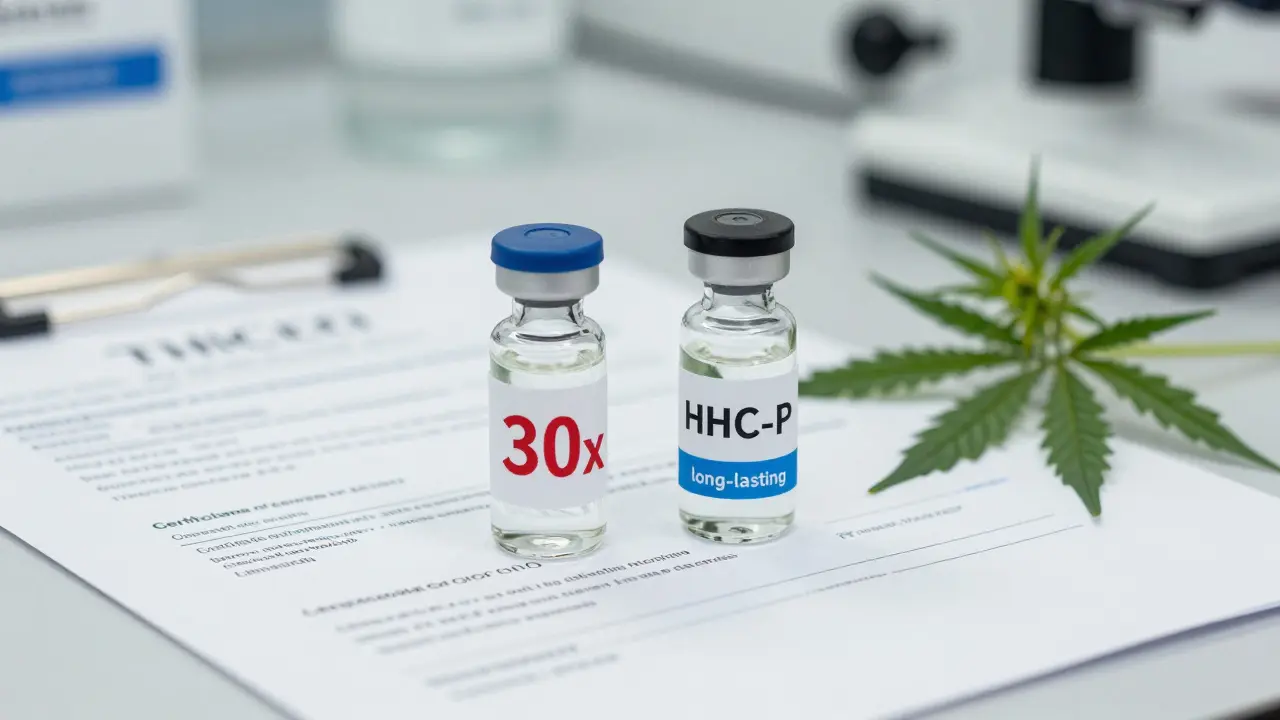 Dvě výtažky THCP a HHC-P s laboratorním certifikátem na stole