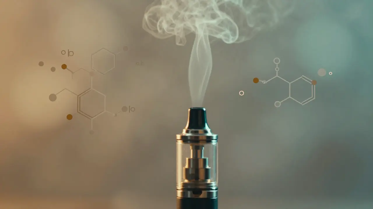 Jemný výpar z CBD vape penu s vize molekul kanabinoidů ve vzduchu.