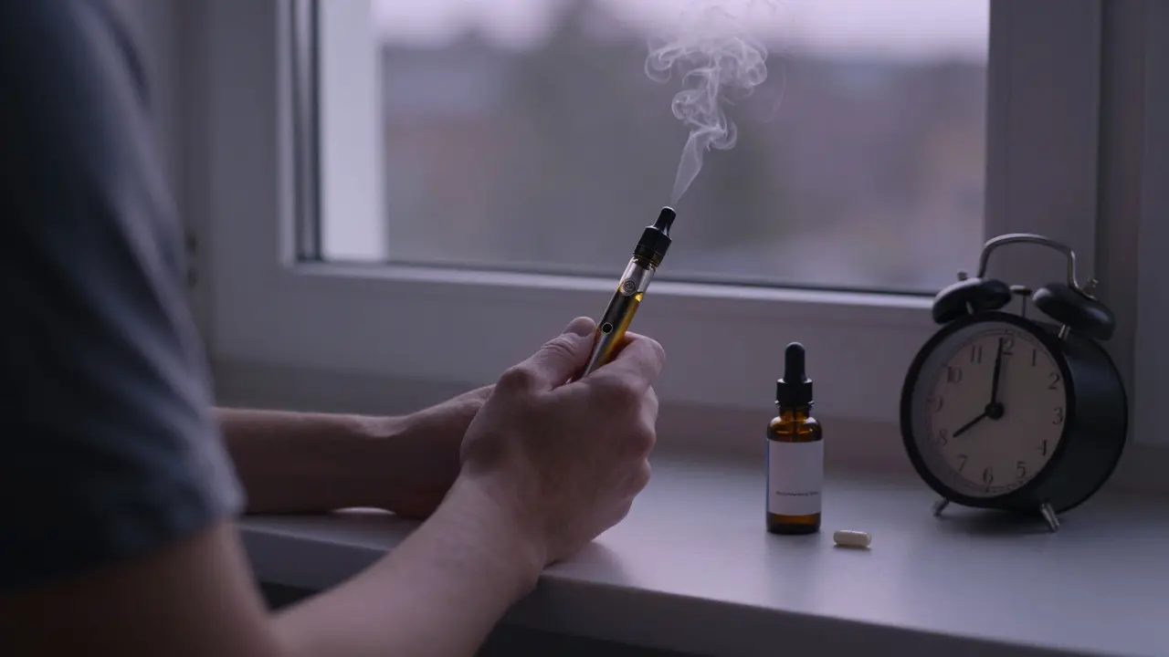 Osoba v klidu večer u okna s vape penem, vedle ní kapky a kapsle.
