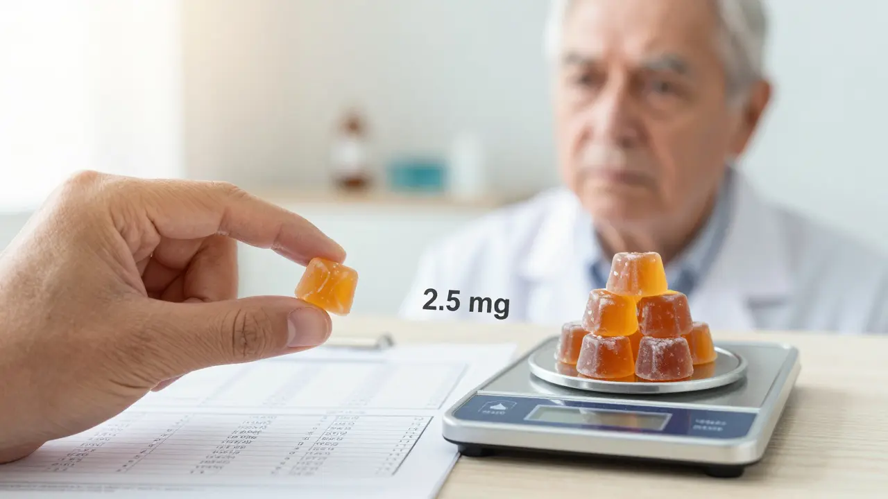 Ruka drží malou dávku CBD gummy, zatímco větší dávky jsou odstraněny, v pozadí lékařské výsledky.