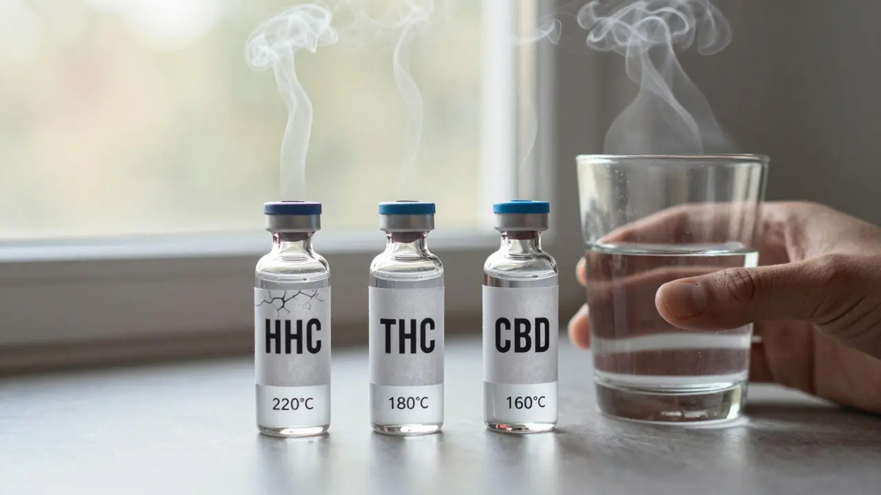 Tři lahvičky s HHC, THC a CBD s různými úrovněmi kouře a teplotami.