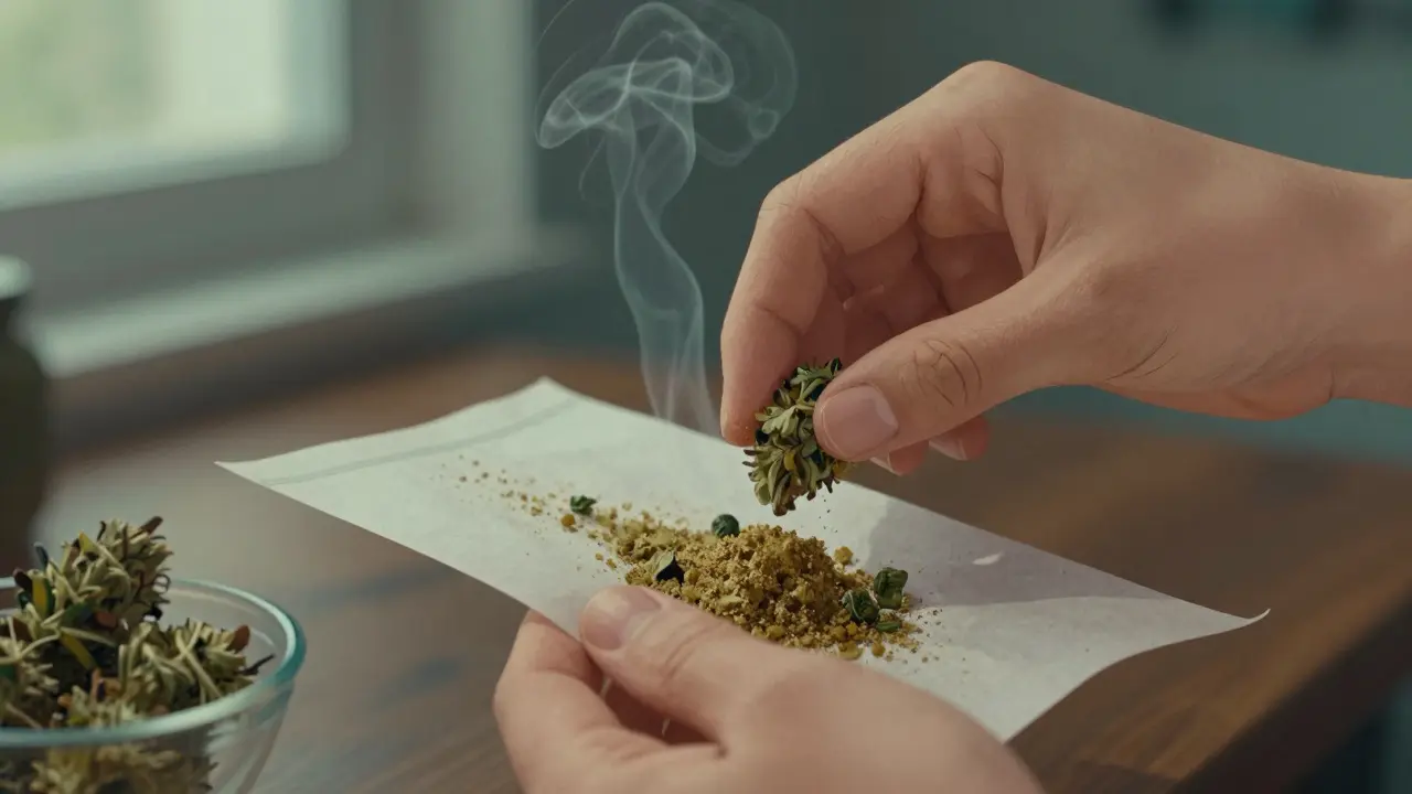 Zkušený uživatel míchá CBD crumble s konopnými květy do papírku.