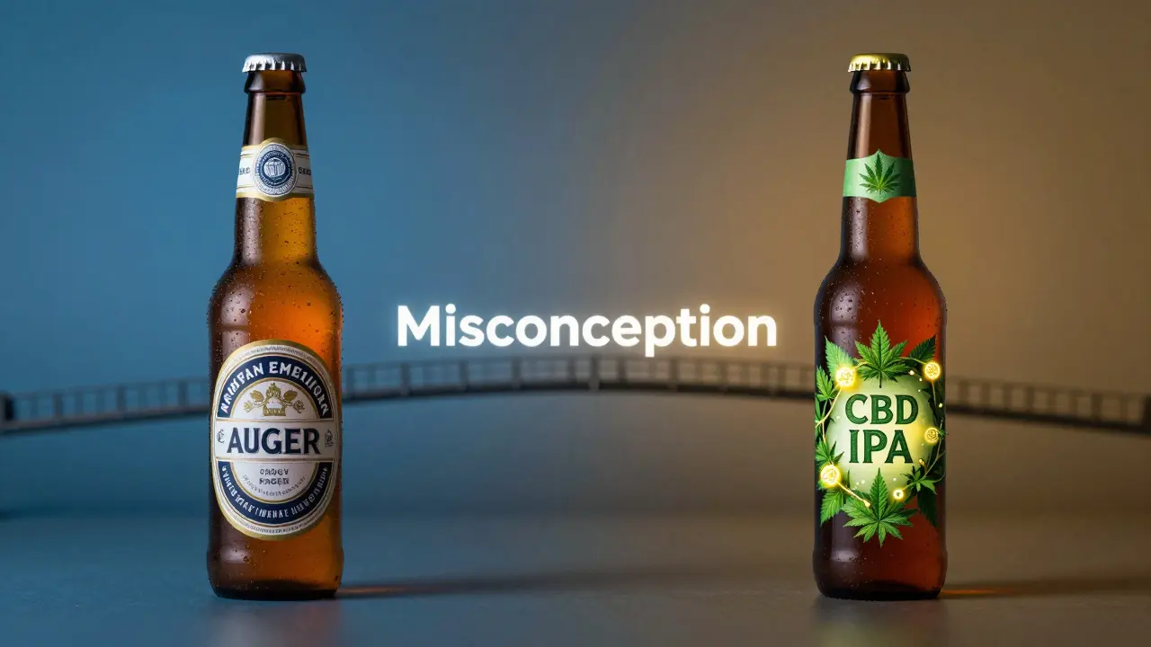 Dvě různá piva: klasické Bud Light a moderní CBD pivo, oddělená ilustrací omylu mezi chmelom a konopím.