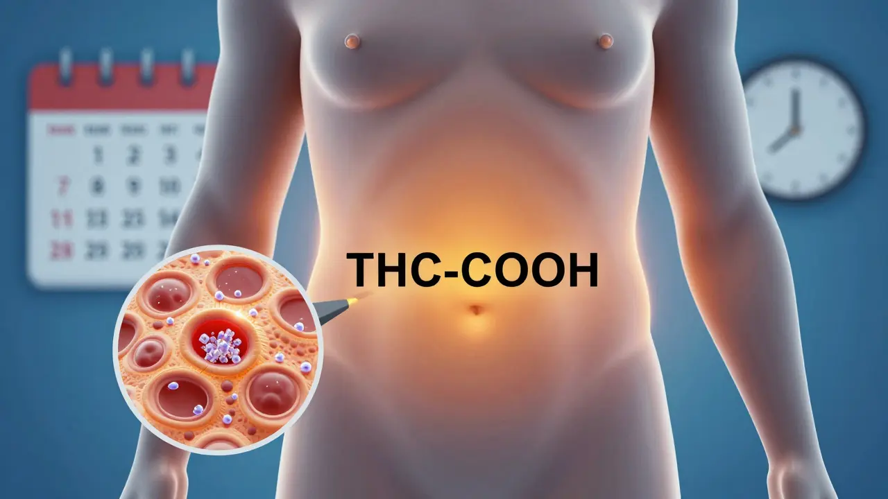 Lidské tělo s akumulací THC metabolitů v tukových tkáních, zvětšený detail v tukových buňkách.