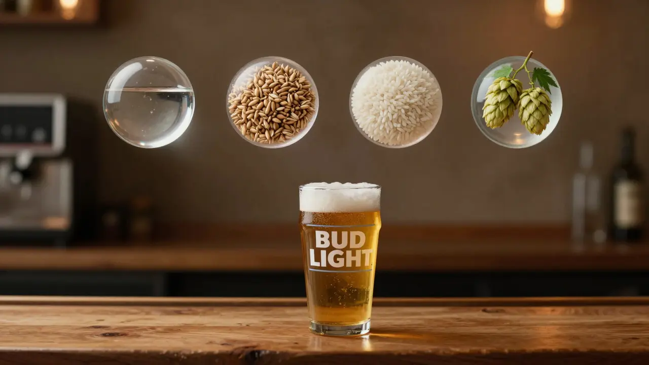 Sklenice Bud Light s plavajícími surovinami: voda, ječmen, rýže a chmel — bez jakýchkoli konopných prvků.