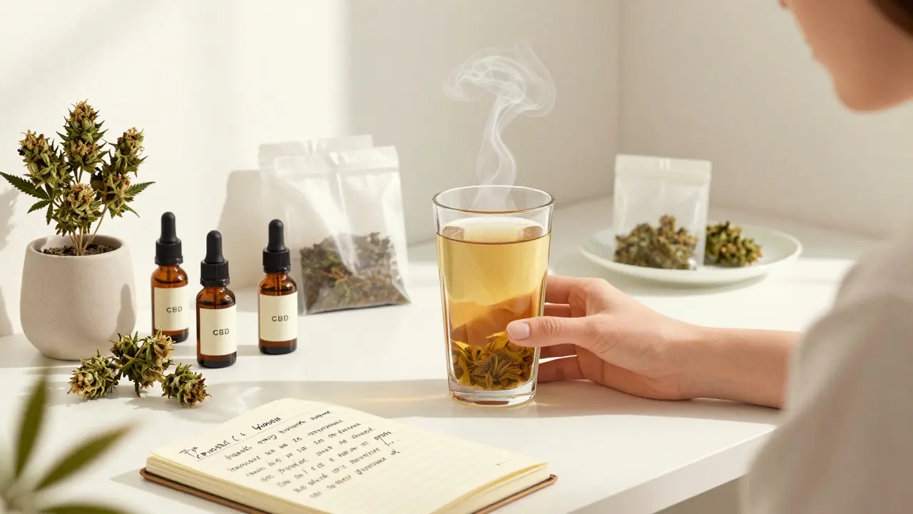 Stůl s různými produkty z konopí a poznámkami o terpenech, bez kouření.