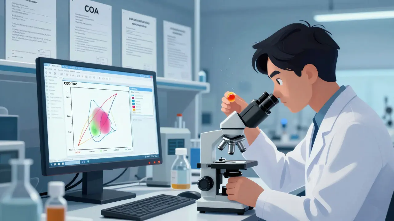 Vědec v laboratoři analyzuje CBD vzorek pod mikroskopem, na obrazovce jsou čisté výsledky testu.