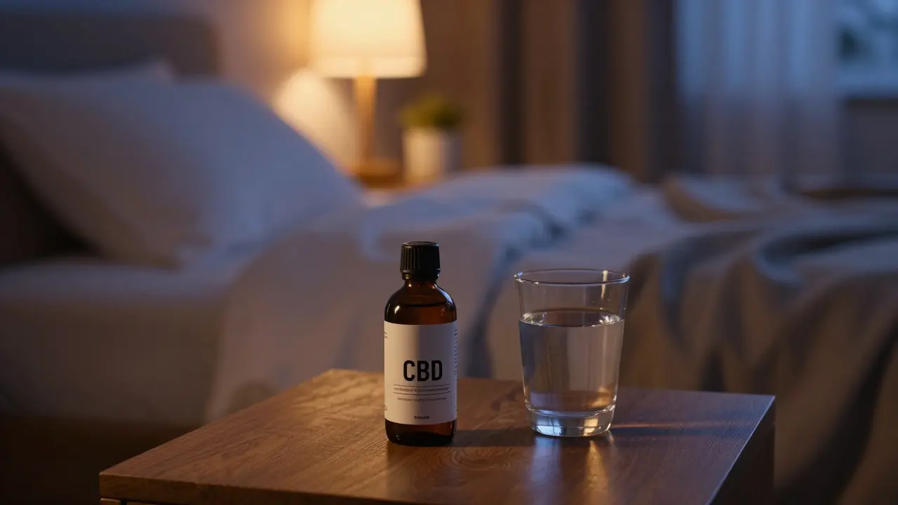CBD nápoj na nočním stolku vedle postele v uklidňující atmosféře