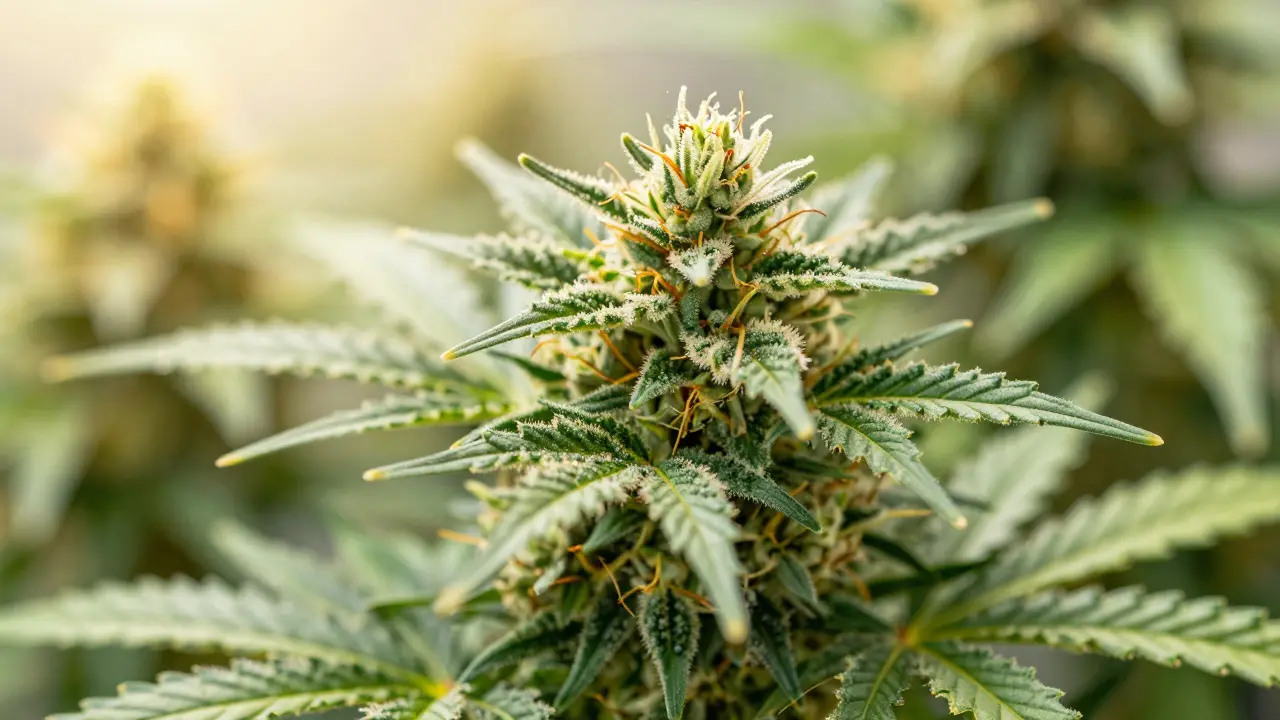 Detailní makro snímek energického sativa konopného květu s jiskřivými trichomy.