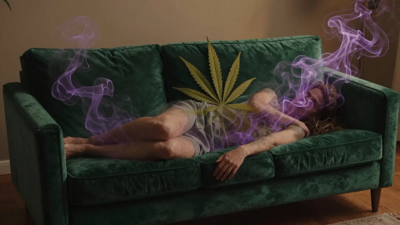 Konceptuální obraz člověka hluboce relaxujícího na gauči v obklopení fialového kouře.