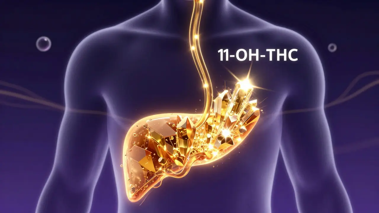 Konceptuální zobrazení vstřebávání THC v těle a jeho přeměny v játrech.