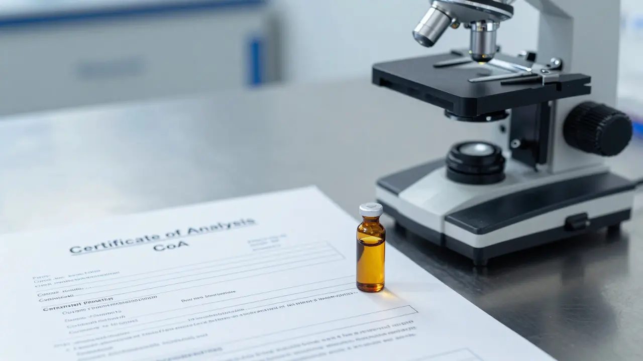 Laboratorní zpráva CoA vedle kvalitního CBD oleje