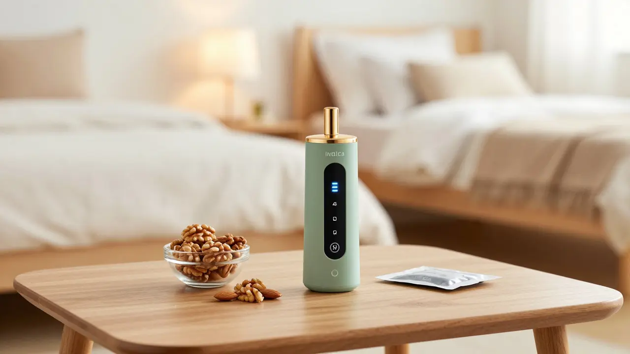 Moderní vaporizér a ořechy na stole, symbolizující maximální využití účinků Indiky.