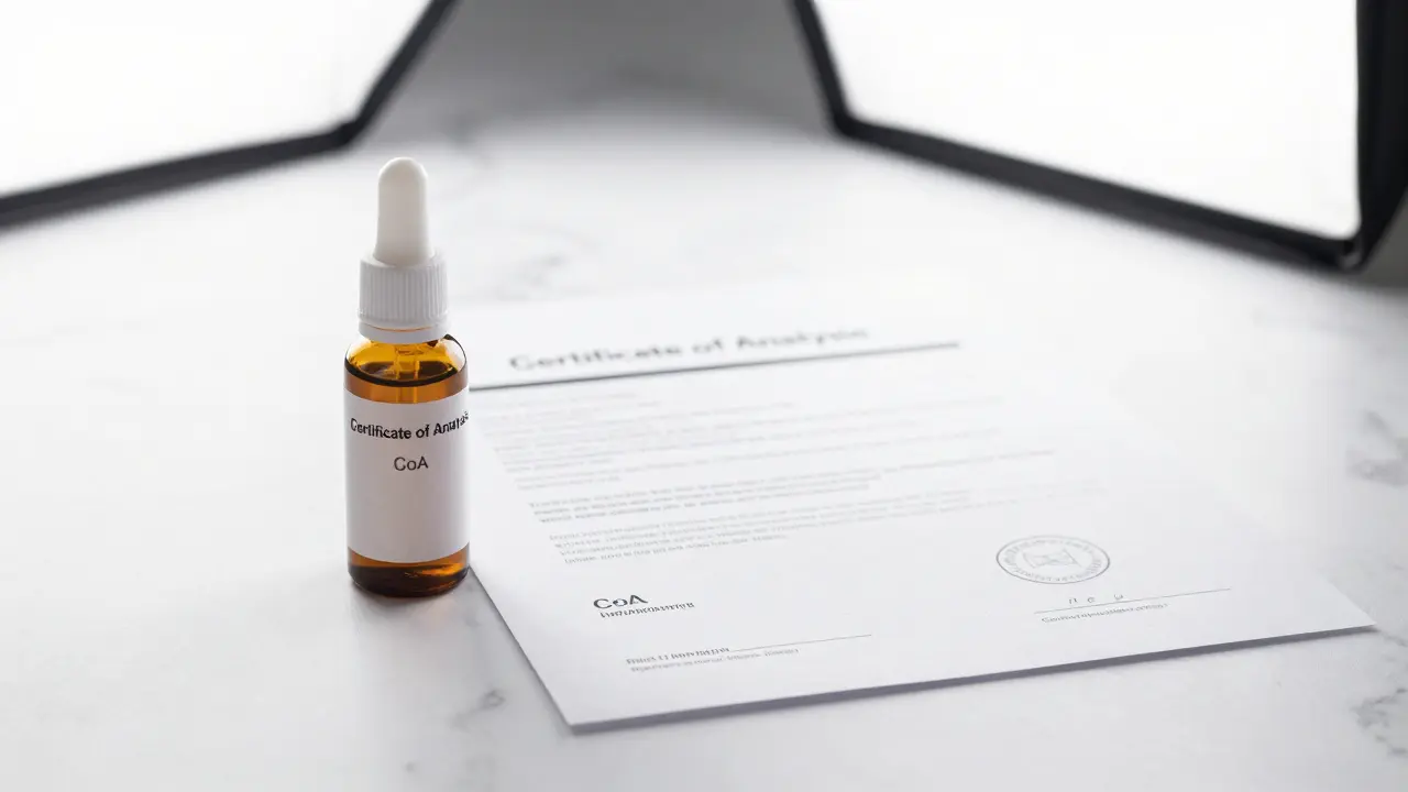 Produkt z konopí vedle certifikátu analýzy CoA na bílém mramoru.