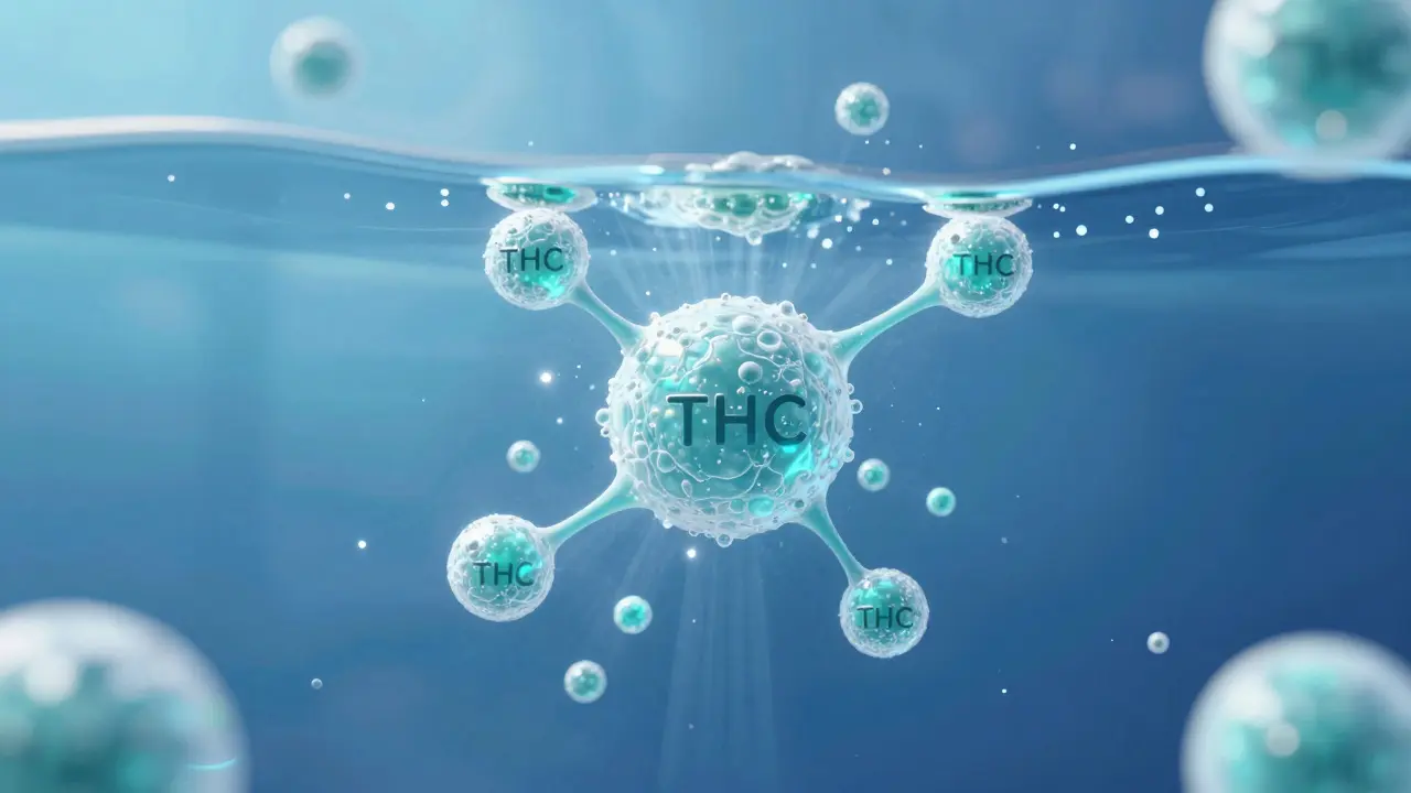 Abstraktní ilustrace nanoemulgace molekul THC v tekutině pro rychlou absorpci