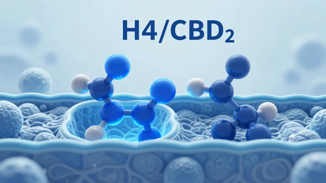 Abstraktní vizualizace molekuly H4CBD zapadající do receptoru