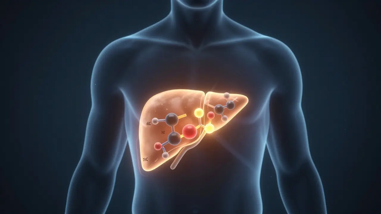 Ilustrace metabolismu edibles v játrech s důrazem na chemickou změnu