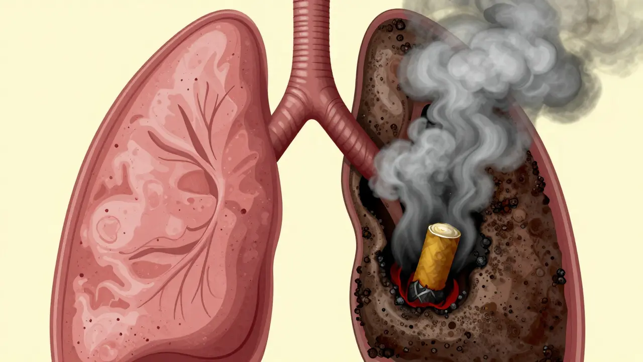 Ilustrace plic postižených dehtem z kouření jemného prášku