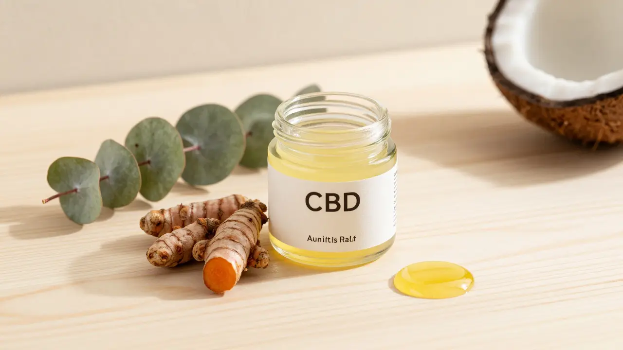 Nádobka s CBD balzámem a přírodními složkami jako kurkuma