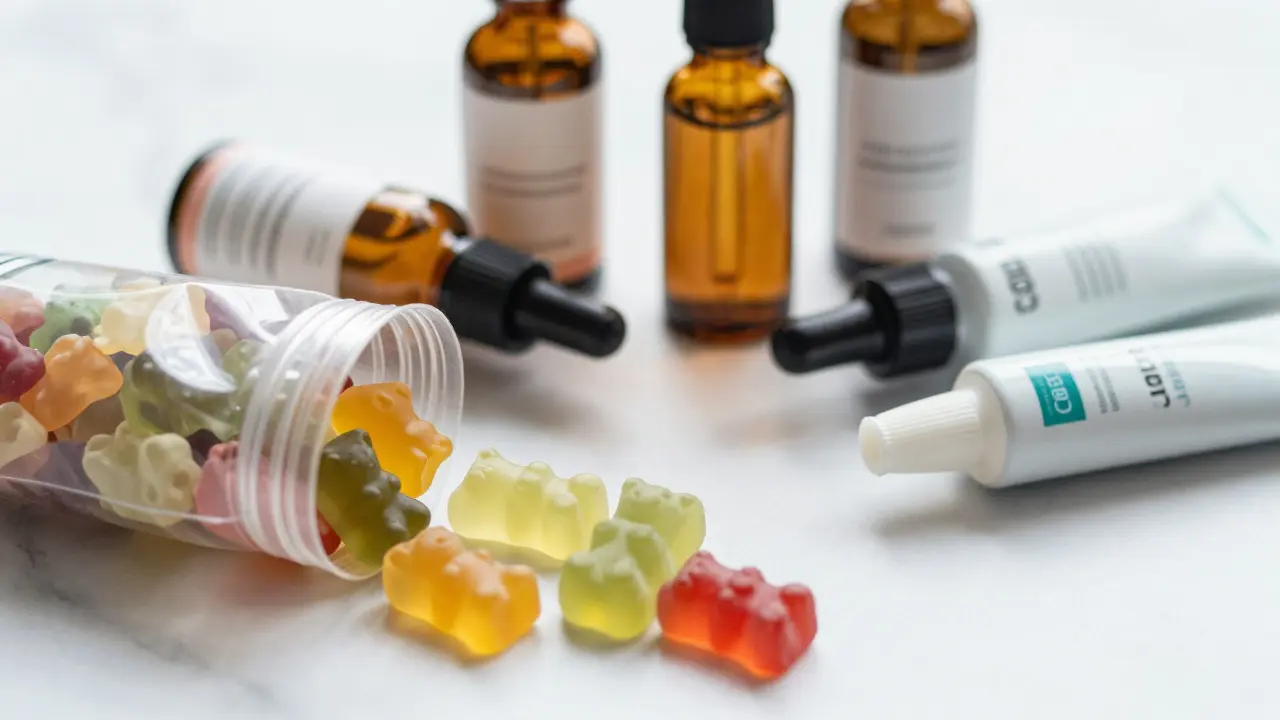 Různé formy CBD produktů: gummy medvídkové bonbóny, oleje a krémy