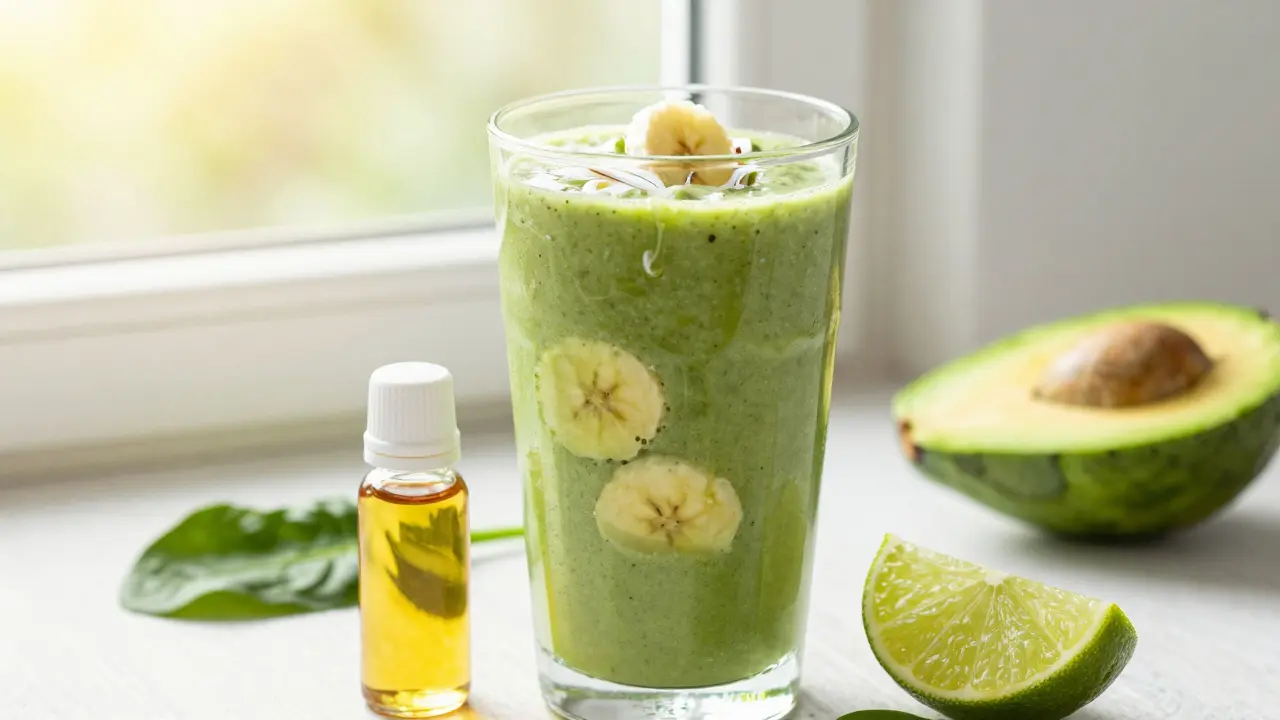 Zelené smoothie s avokádem a kokosovým olejem pro lepší vstřebání
