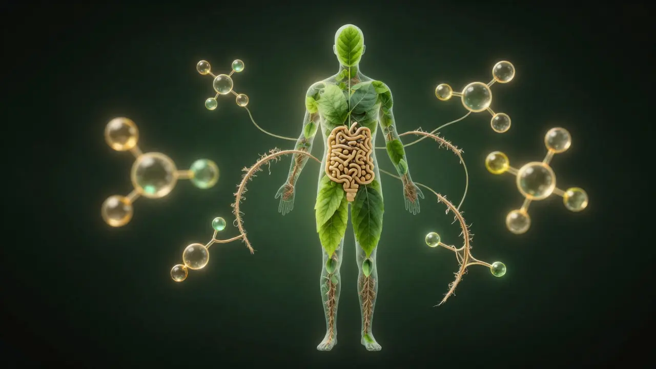 Abstraktní ilustrace sytosti a metabolismu s motivem konopí