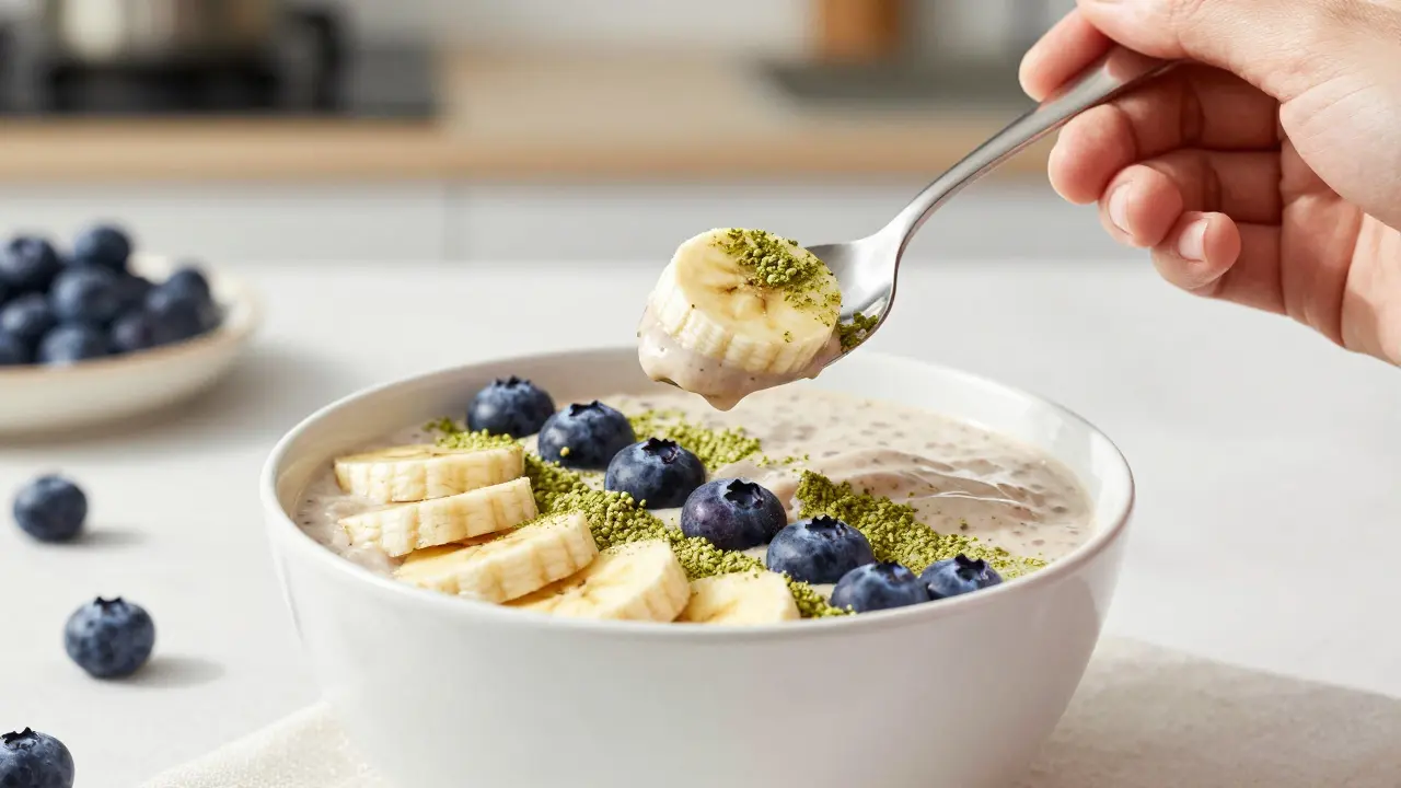 Čerstvý smoothie bowl posypaný konopným proteinem a ovocem