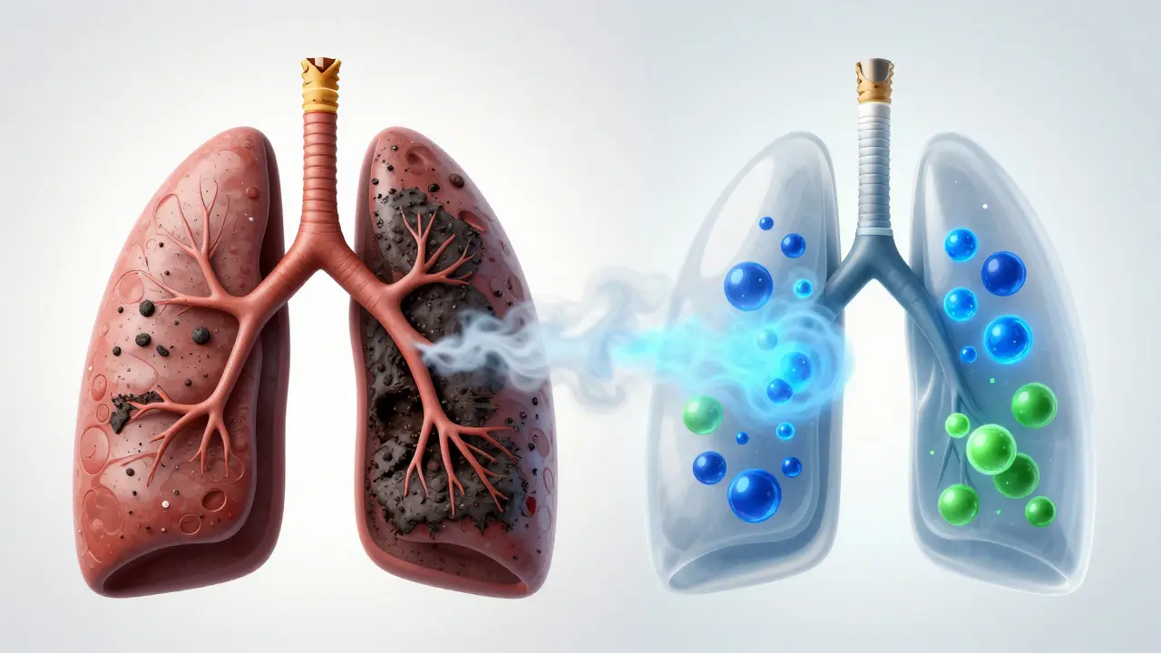 Konceptuální ilustrace absorpce páry v plicích oproti kouři z cigaret