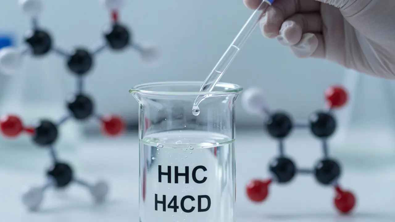 Laboratorní syntéza HHC a H4CBD s molekulárními modely na pozadí