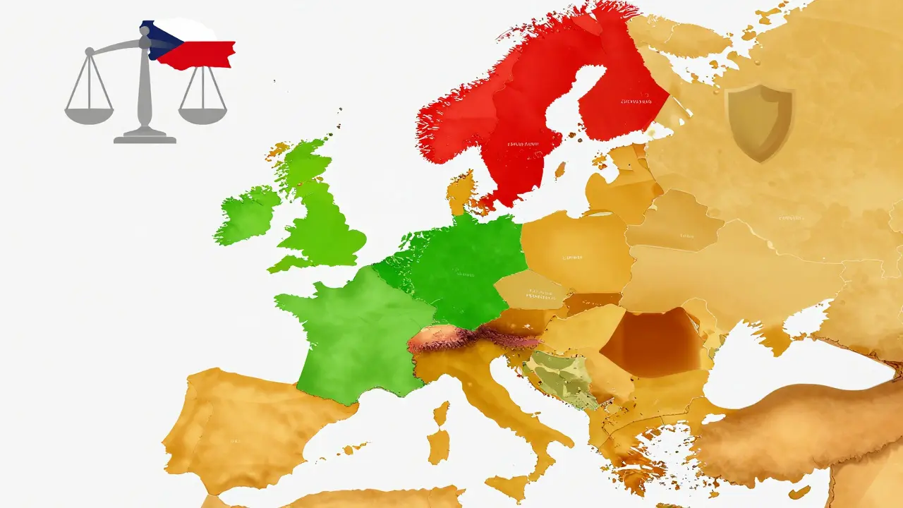 Stylizovaná mapa Evropy s barevnými zónami legislativy