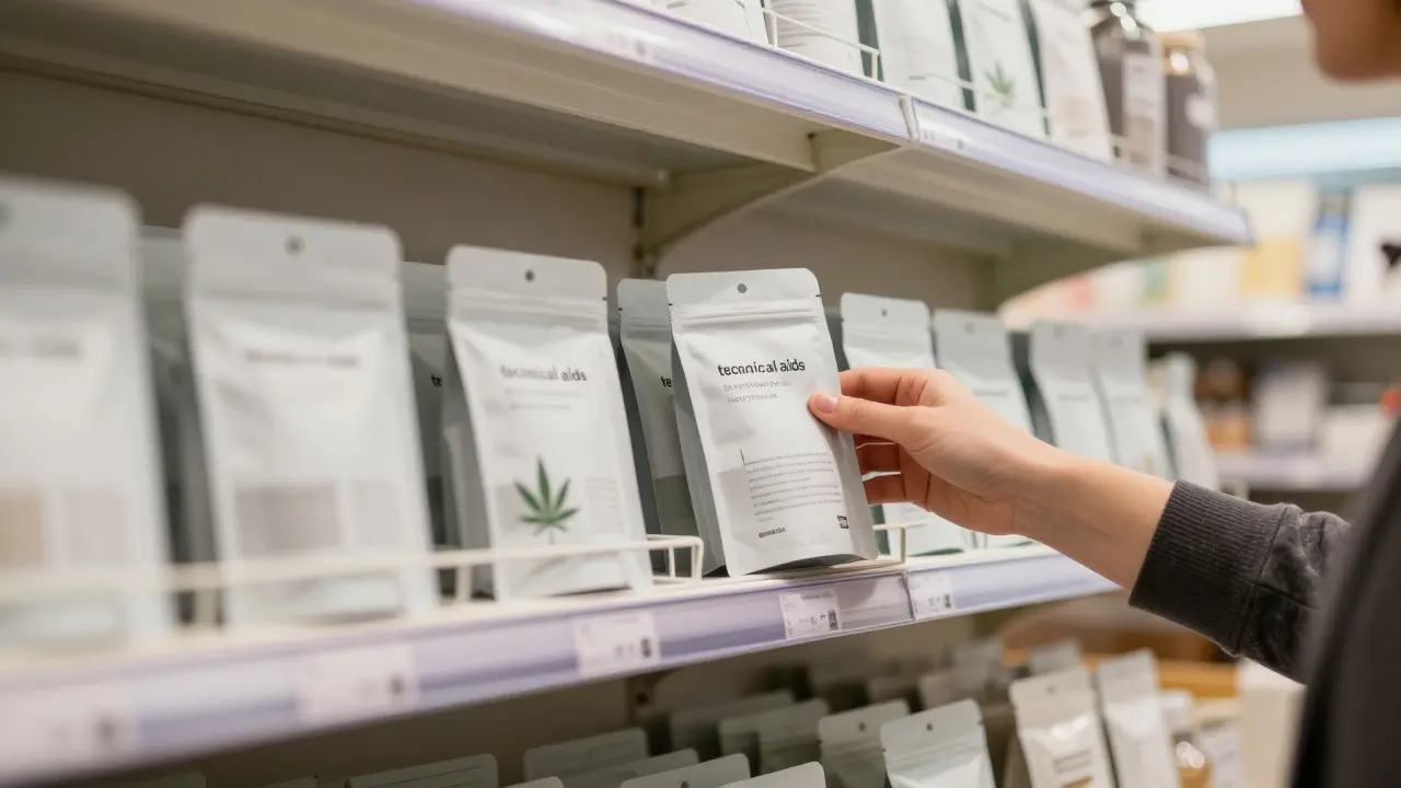 Zákup konopných produktů na police v moderním obchodě