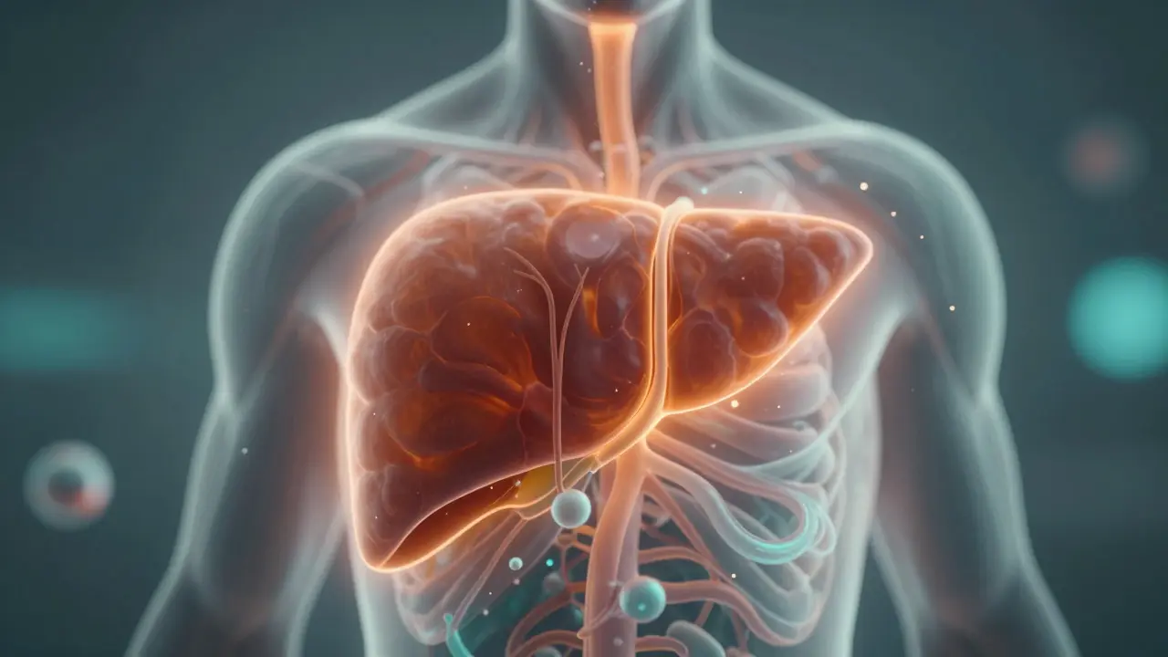 Abstraktní zobrazení jater a metabolického procesu