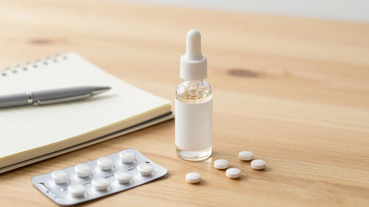 CBD oil bottle, notebook, and pills on a wooden table