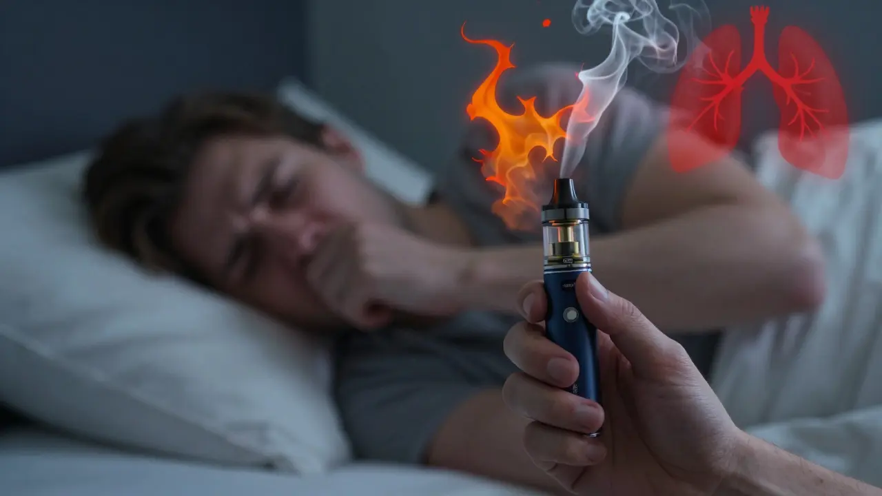 CBD vaporizér vydechující dráždivé částice v ložnici